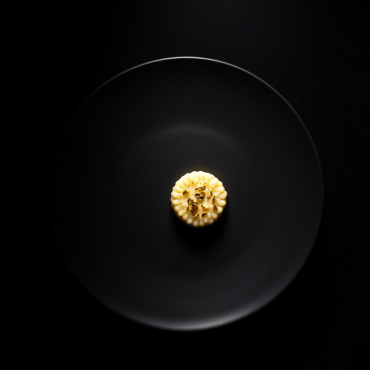 Signature saffron risotto with gold leaf, plated on matte black ceramic